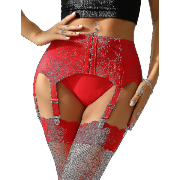 S-5XL Naisten sukkanauhavyö Plus-kokoinen pitsinen sukkanauha ja 6 metalliklipsiä säädettävät alusvaatteet sukkanauha henkselit Alusvaatteet vyötärönauha (punainen, S)