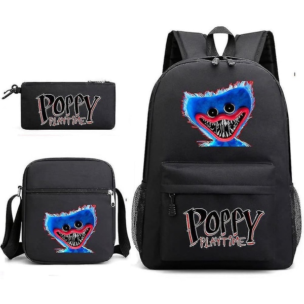 3 stk sæt Anime Game 3d Poppy Playtime Monster Rygsække Messenger Bag Blyantstaske Lærred skoletaske til studerende børn（Type 6，3 stk sæt）