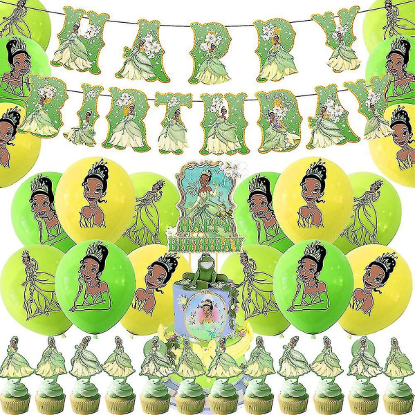 Princess Tiana Party Decor, Princess And The Frog Theme Grattis på födelsedagen Party Favor Tillbehör inkluderar banderoll, ballonger och tårtor