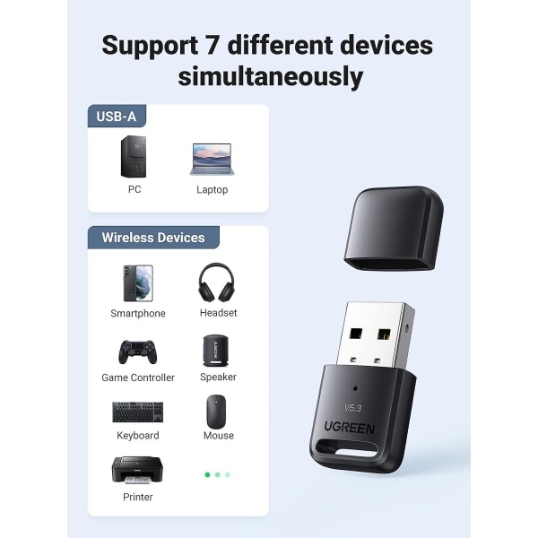 Ugreen Bluetooth sovitin, USB Bluetooth 5.3 -sovitin PC:lle, langaton Bluetooth sovitin, Plug and Play Windows 11/10/8.1 kuuloke-hiiri Näppäimistö Pr