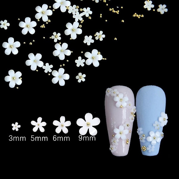 3D Blomster Neglekunst Charms, 250 stk Hvide Blomster Negle Rhinestones Kit 3D Krystal Negle Perler Flad Design Akryl Neglekunst Studs Manikyr Negle Tilbehør