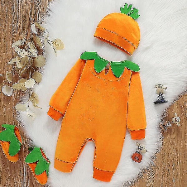 Toddler Baby Pumpkin Cutie Kostume Halloween Fancy Dress Romper Sokker Hat Outfit(18-24M）