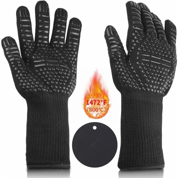 Värmehandske, ugnshandske med silikondyna, grillhandskar, ugnshandske, halkfri ugnshandske, upp till 1472°F/800°C, EN407-certifierad, värmebeständig handske
