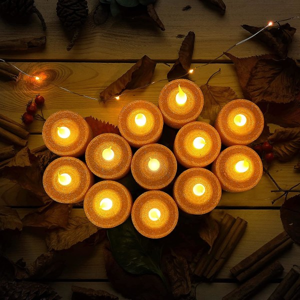 12pk guld värmeljusljus batteri som drivs med inbyggd 6/18 timer, orange flamlösa ljus flimrande för Halloween-dekorationer, pumpa-dekor Lig