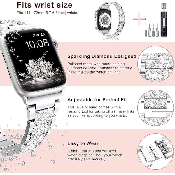 Remme for Apple Watch Band 42mm 44mm Se Serie 6 Serie 5 4 3 2 1, Bling erstatningsarmbånd Iwatch Band, Diamant Rhinestone Rustfritt Stål Metall Wristba