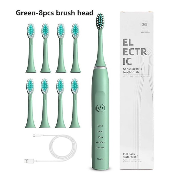 8 børstehode 5-girs Sonic elektrisk tannbørste (grønn)