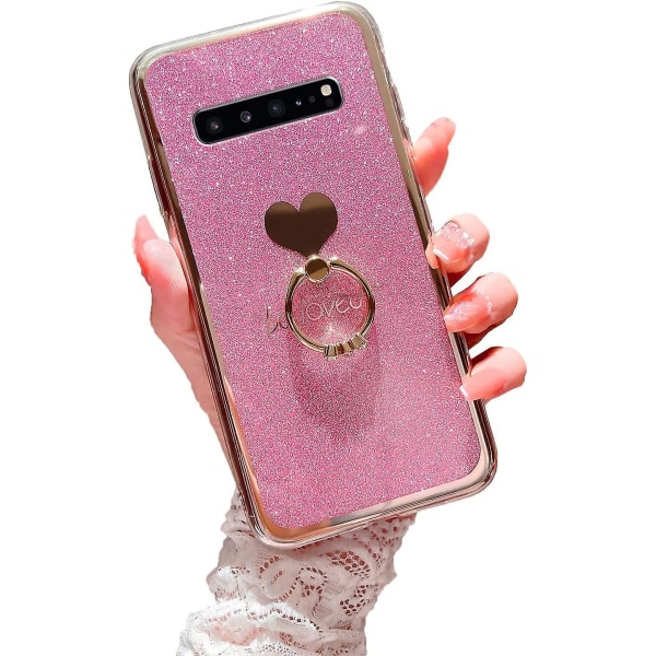 Case för Samsung Galaxy S10 (ej S10 Plus) Flickor Kvinnor Söt Lyx Glitter Glänsande Glittrande Skal Med Ring Ställ Hjärta Slank Mjuk Stötsäker Skydd P