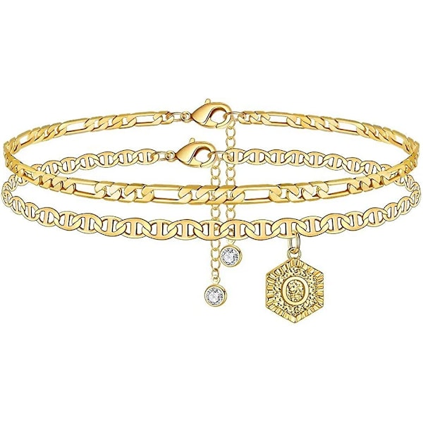 Initial Anklets för Kvinnor, 14k Guldpläterade Dubbla Lager Initial Anklets Smycken för Kvinnor Tonåringar - -