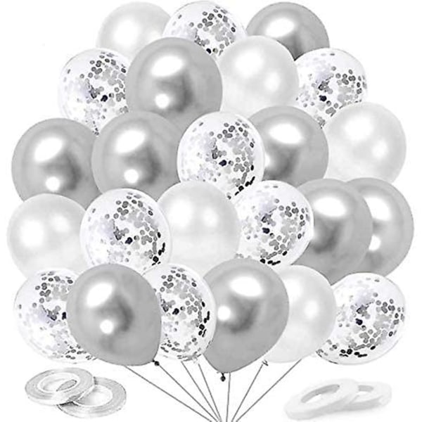 Dww-silverballong, 60 delar konfetti silver heliumballonger, silvervita metallballongballonger för bröllop, födelsedag, baby shower
