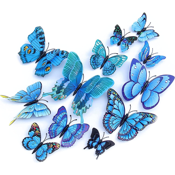 Opseam Butterfly Väggdekor 24/48 st, 3d fjärilsklistermärken för festdekorationer med magneter (blå, 24)
