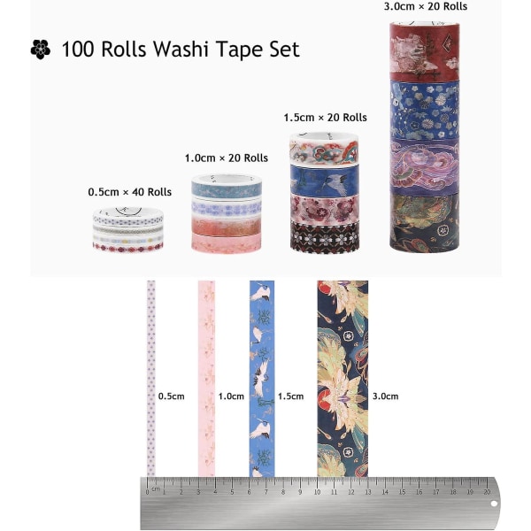 100 rullar Washi- set, flermönster Washi-tejp Tejp Dekorativt pappersmaskeringstejp för gör-det-själv, tidning, planerare