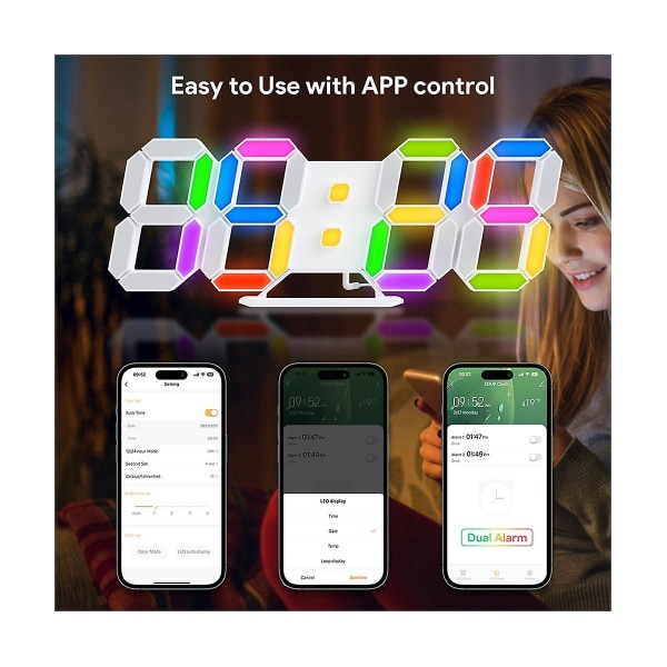 3D LED Digital Veggklokke Rgb Klokke Lysende Bordvekkerklokke Tid Dato Bordklokke med Appkontroll (Hvit)