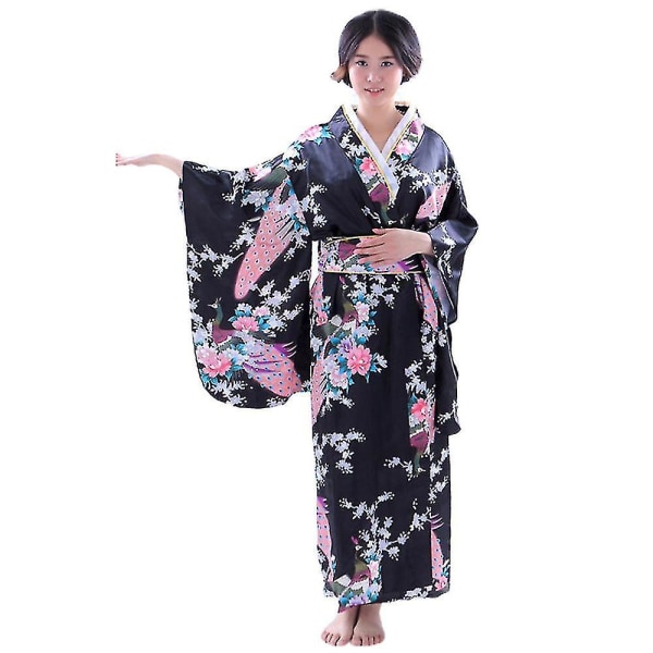 Kimono-kåbe til kvinder Cosplay-kostume Japansk Geisha Yukata-kjole til voksen badekåbe nattøj (sort)