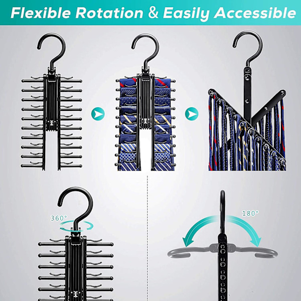 Opgraderet 2 stk. Se Alt Kryds X 20 Slipsholder - Drej for at Åbne/Lukke Slips- og Bælteholder med Skridsikre Klips - 360 Graders Drejning - Pladsbesparende