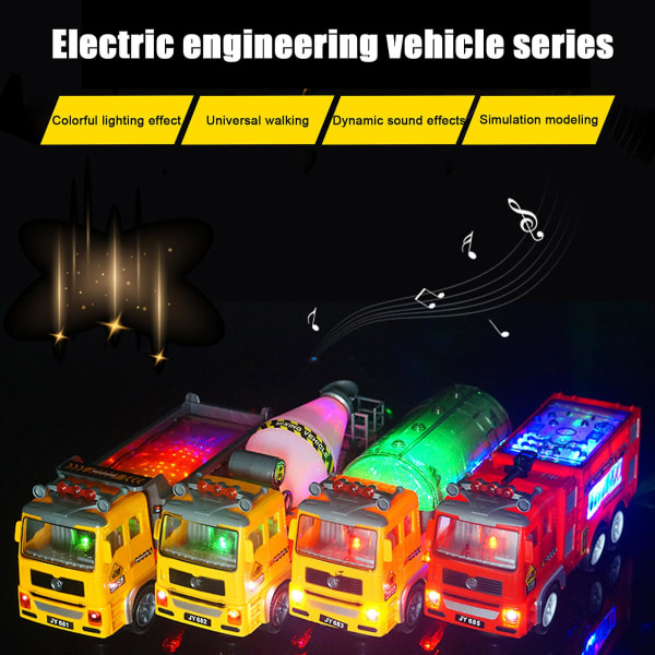 Elektrisk universelt ingeniørkjøretøy med lett musikk Fargerik LED-musikk mekaniske konstruksjonskjøretøy for guttegutter (stor brannbil)