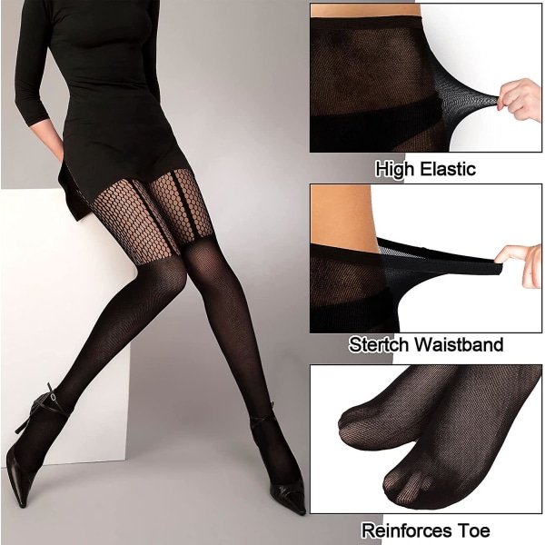 2 par gjennomsiktige nettstrømpebukser, svart mønstret nettstrømpebukse for kvinner, stripete leggings for kvinner med høy midje