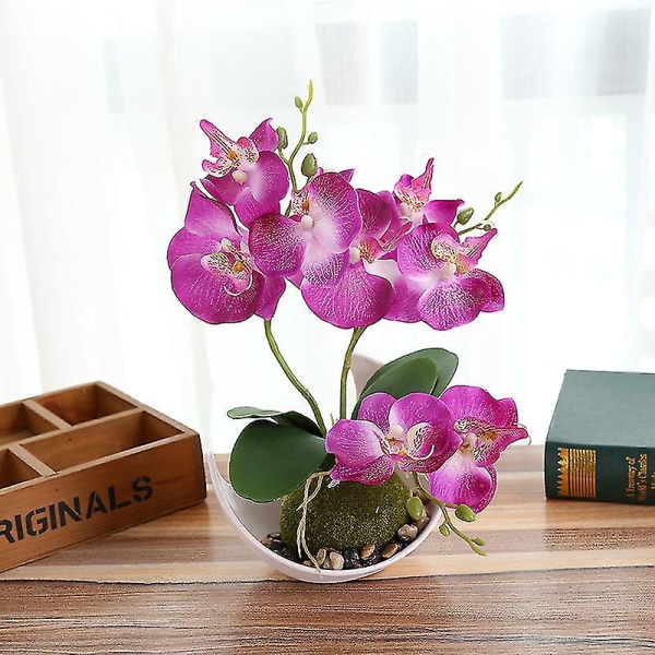 Kunstige orkidéblomster med plast hvit potte falske phalaenopsis blomster med potte kunstig blomst til hjemmebryllup kontordekorasjon