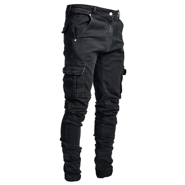 Män Cargo Combat Denim Byxor Skinny Jeans Casual Slim Fit Byxor Black M