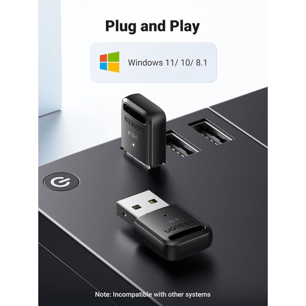 Ugreen Bluetooth Adapter, USB Bluetooth 5.3 Adapter För PC, Trådlös Bluetooth Dongle, Plug And Play För Windows 11/10/8.1 Hörlurar Mus Tangentbord Pr