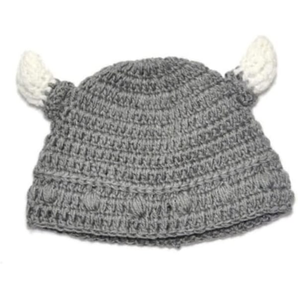 Bull Horn Beanie Handgjord Stickad Viking Hat Ox Horn Cap För Pojkar Flickor Grå, kid Bull Horn Beani (grå1st)