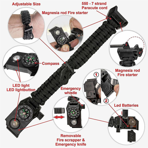 2st svart och grönt Survival Paracord Armband - Tactical Emergency Gear Kit med Sos LED-ljus, justerbart, multiverktyg, brandstartare, kompass och W
