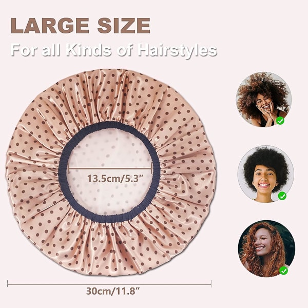 Cap för kvinnor Långt hår, återanvändbar 100% vattentät silkeslent satinhår Cap, stor storlek för alla hårlängder 3 färger (prickiga)