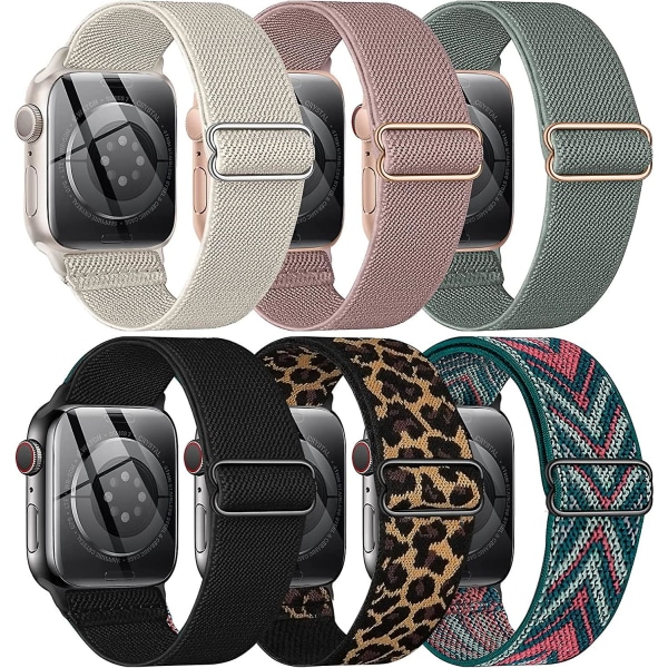 6-pack elastisk nylon för Apple Watch Band Series Ultra Se 8 7 6 5 4 3 2 1 40 mm 38 mm 44 mm 42 mm 45 mm 41 mm 49 mm, sport för kvinnor och män