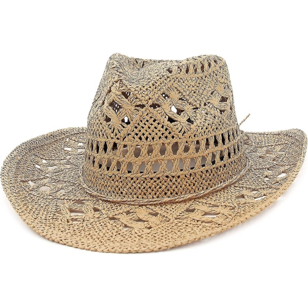 Herre og kvinner sommer cowboy cowgirl stråhatt uthult vevd opprullet hatt med bred brem (kamel)