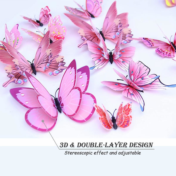 Opseam Butterfly Väggdekor 24/48 st, 3d-fjärilsklistermärken för festdekorationer med magneter (rosa, 24)