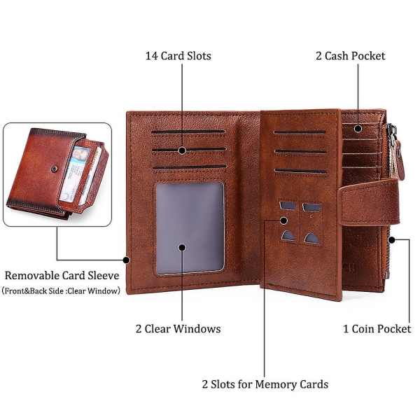 Kaffefärg äkta läder herrplånbok, myntväska med RFID-blockering, 18 kreditkortsfack, 2 sedelfack och avtagbar ID-korthållare