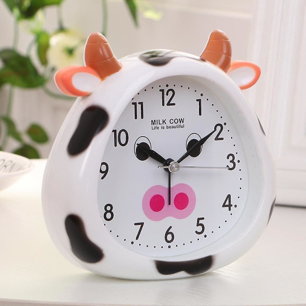 Suloinen sarjakuvalehmän herätyskello, paras lahja herättäville lapsille, makuuhuoneen työpöydän koristeellinen herätyskello - valkoinen lehmä