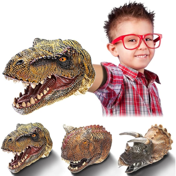 Dinosauruksen käsinuket, Pehmeät kumiset set, Realistiset Tyrannosaurus Rex, Triceratops, Carnotaurus-nukkelelut lapsille Pojat Tytöt Aikuiset, 3 pakkaus