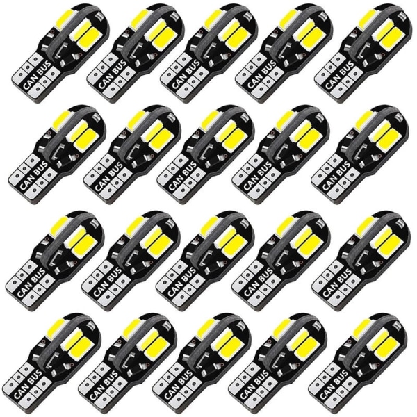 20st W5W T10 Canbus 5730 8SMD 12V 6000K 194 168 LED-lampor 20st Bilinteriörbelysning Parkeringssignallampa (vitt ljus)