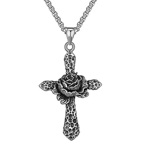 Pendant With Rose Flower Religious Necklace For Men Women,stainless Steel Gothic Punk Jewelry, Personalized Rapper Bike Necklaces With 24 Inch Chain