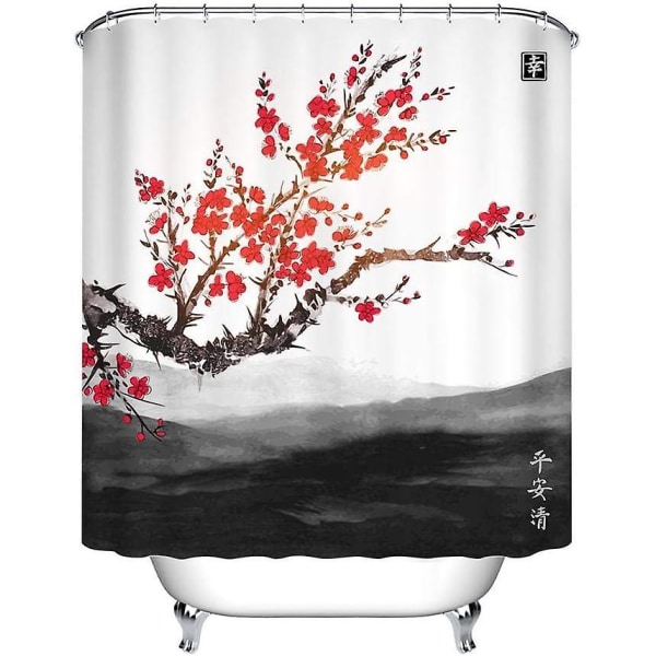 Orientaliskt Sakura Körsbärsträd Landskap Fjärrberg Polyestertyg Vattentåligt badrumsinredning Set med 12 krokar, 180x200cm