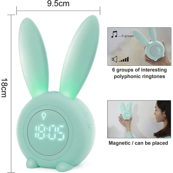 Grön söt kaninform induktion morgonväckarklocka, intelligent automatisk andningsljusjustering, automatisk tid/datum/temperaturdisplay, röst