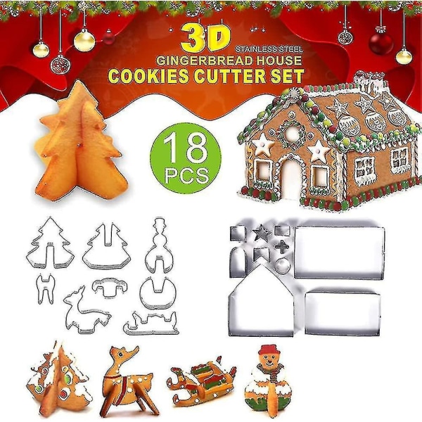 18 stk. Gingerbread House Bageform Jul Rustfrit Stål 3d Tre-dimensionel Cookie Form Diy High-point Bageform med gaveæske