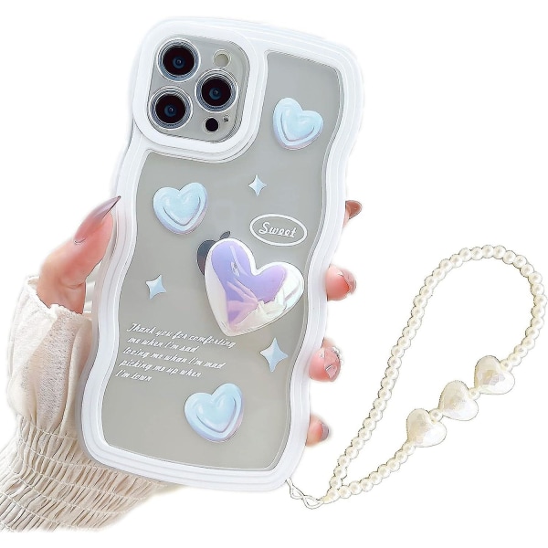 Baicccf Case För Iphone 13 Curly Wave Form Case Shinny Laser 3d Heart Shockproof Protector Clear Case För Ins Kvinnor Flickor Med Pearl Heart Armband S