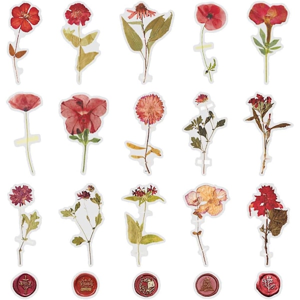 40 stk Røde Tørre Blomster Voksforsegling Klistremerker Transparent Blomster Lim Klistremerke Vannfast Scrapbooking Håndverk Vegg Vannflaske Konvolutt Bil Datamaskin Koffert