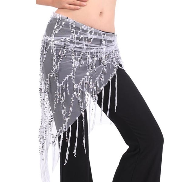 Kvinders mavedans hoftetørklæde med kvaster Pailletter Sexet mavedans Trekantbælteskørt Mavedanskostume (hvid)