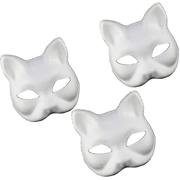 3st Kattmasker vitt papper blankt handmålade ansiktsmasker Gör-det-själv omålade djurhalvansiktsmasker för födelsedagsfestfavorittillbehör