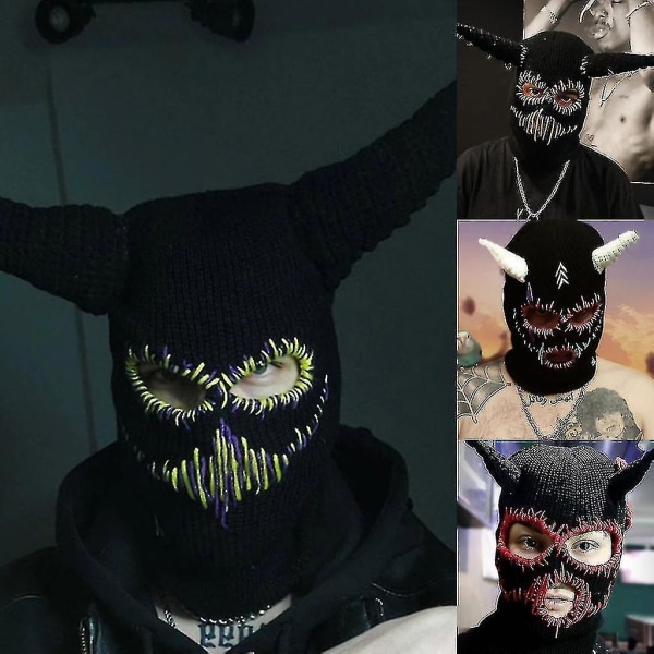 Stickade mössor för kvinnor med djävulshorn Halloween Horror Beanie Ski Mask för män(D）