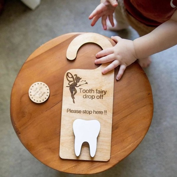 Tooth Fairy Dørbøjle med pengeholder Trædekor Tooth Fairy Pick Up Box Opmuntrer gave til børneværelsesindretning（D）
