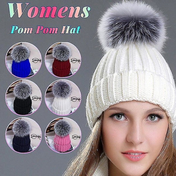 Naisten talvineulottu pipo hiihtohattu Thermal Faux Fur Bobble Pom Pom -hattu Cap_mm (valkoinen)