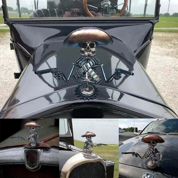Cowboy Skull Gunslinger huva prydnad, coola skelettfigurer, bil lastbil huva prydnad metall skalle huva prydnad Bildekor
