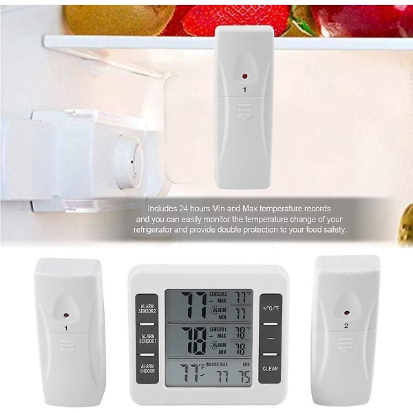 Jääkaappilämpömittari, langaton digitaalinen äänihälytys Jääkaappipakastin lämpömittari 2 kpl anturilla Min/max näyttö kotiin, ravintoloihin jne (väri: Whi