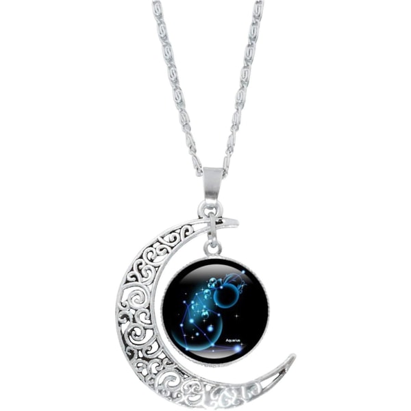 12 Constellation Moon Halsband Astrologi Halsband Galaxy & Crescent Moon Glaspärlhänge Halsband, Sterling Silver Smycken Halsband, Ideal Smycken