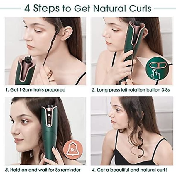 (grön) Automatisk hårrullare, curlingstav, hårrullare för långt hår, justerbar temperatur från 170-230 ℃, keramikfat, med förvaringsväska