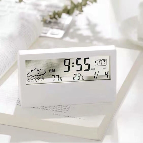 Transparent vit digital väckarklocka, digital väckarklocka för resa, datum, kalender, 12/24 timmars temperatur Batteridriven väckarklocka, snoozefunktion