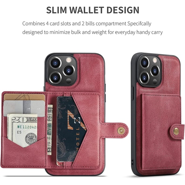 Pu Läder Plånbok Phone case För Iphone 14 Pro Max Case 6,7 tum med korthållare, löstagbar 2 i 1 delad magnetkortfodral Skal Cover (röd)